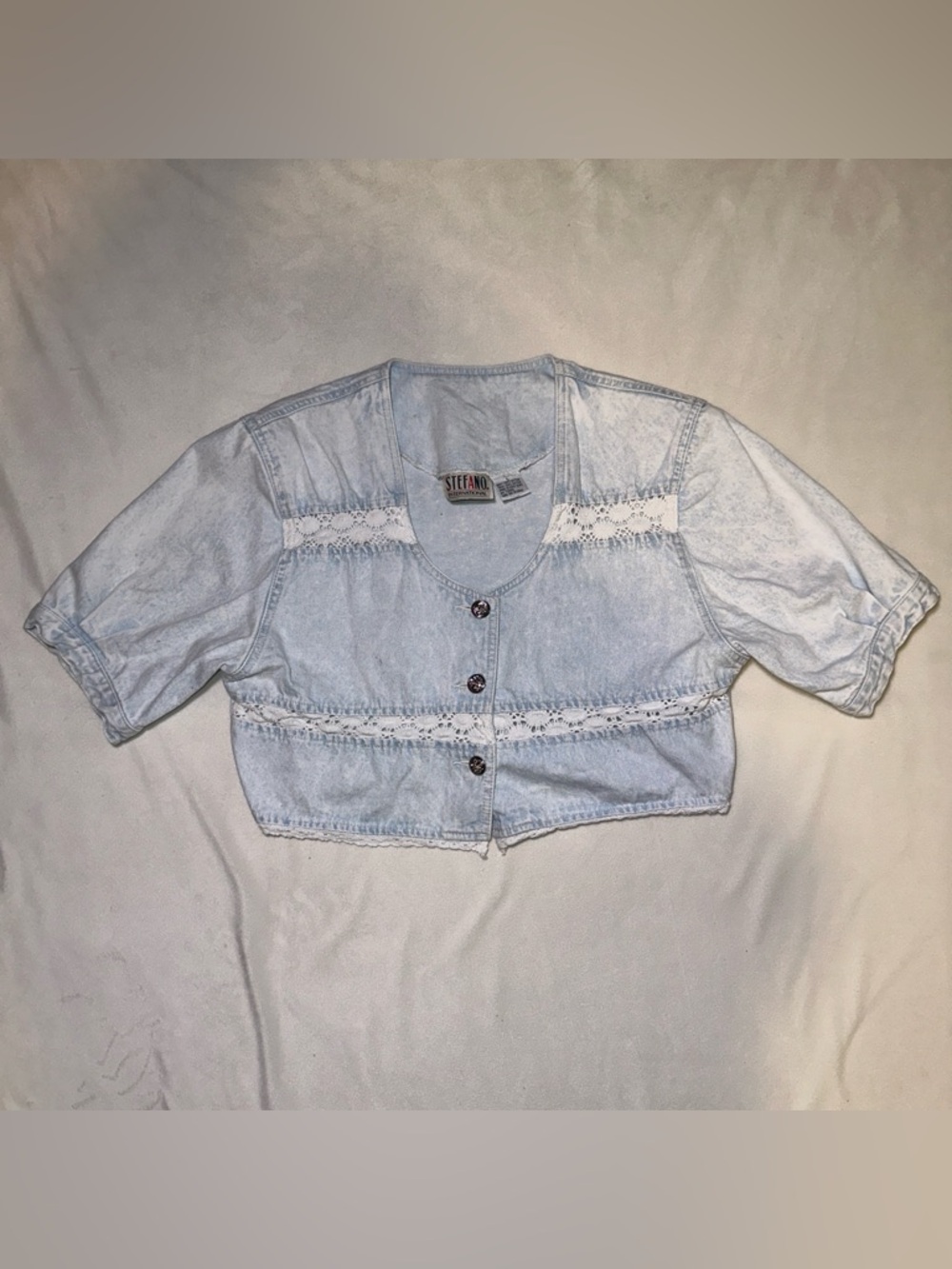 Vintage Stefano Light Wash Denim Crochet Lace Striped Cropped Top Size L